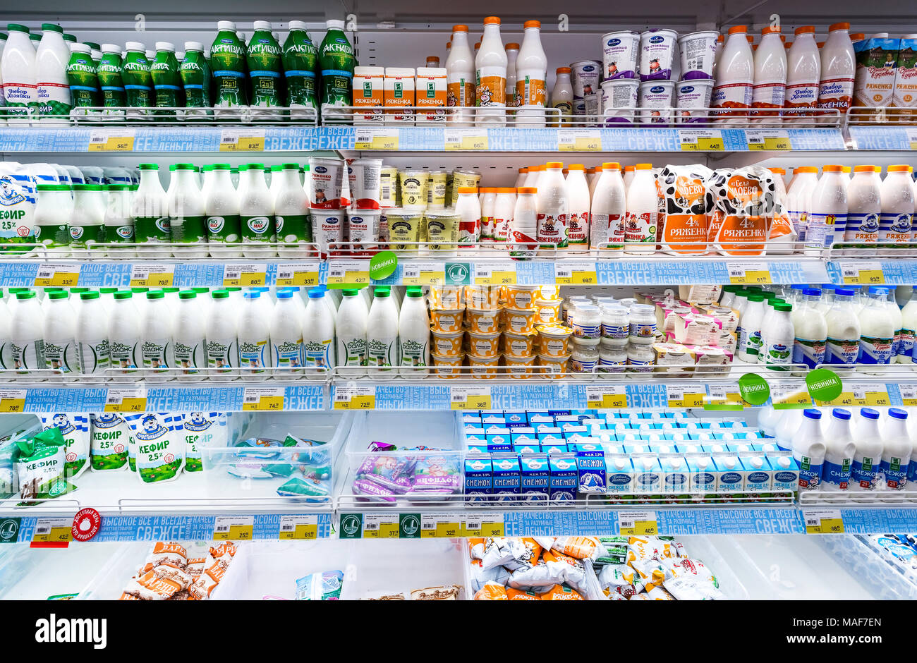 Samara, Rusia - Marzo 24, 2018: productos lácteos frescos listos para la  venta en el supermercado Lenta. Uno de mayor minorista en Rusia Fotografía  de stock - Alamy