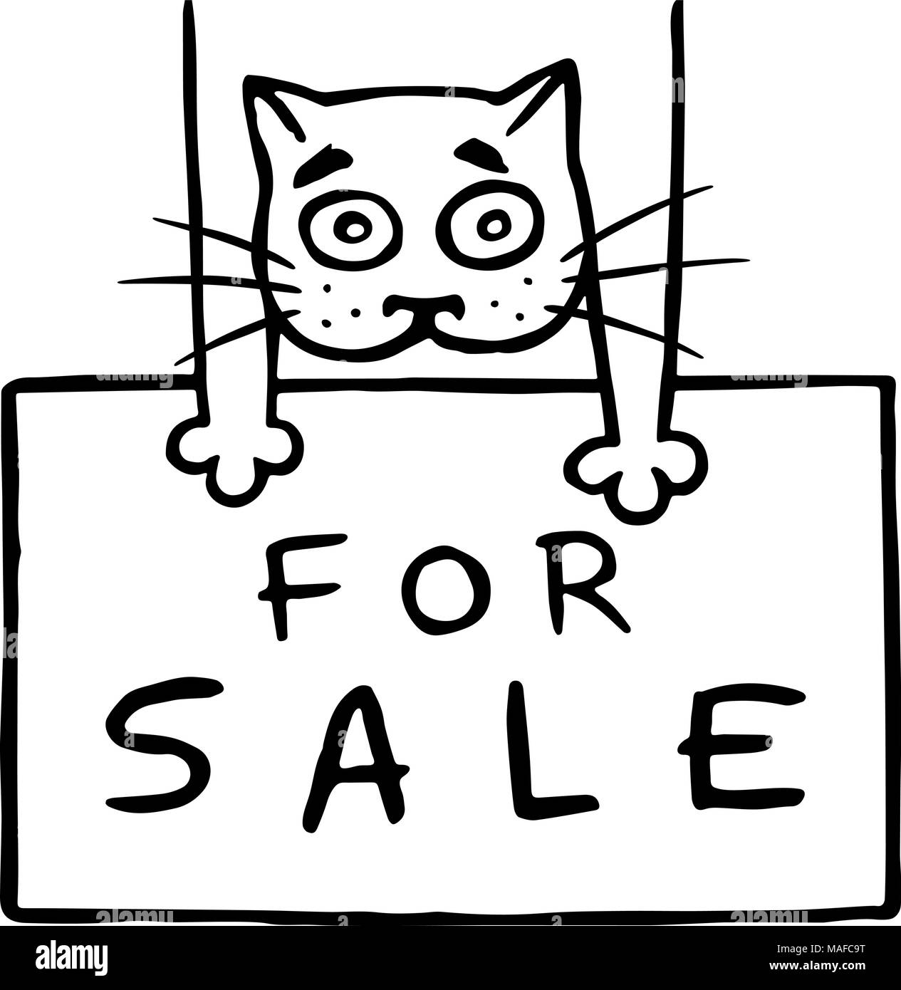 Lindo gato está sosteniendo un cartel para la venta. Contorno de dibujo  digital a mano alzada. Ilustración vectorial Imagen Vector de stock - Alamy