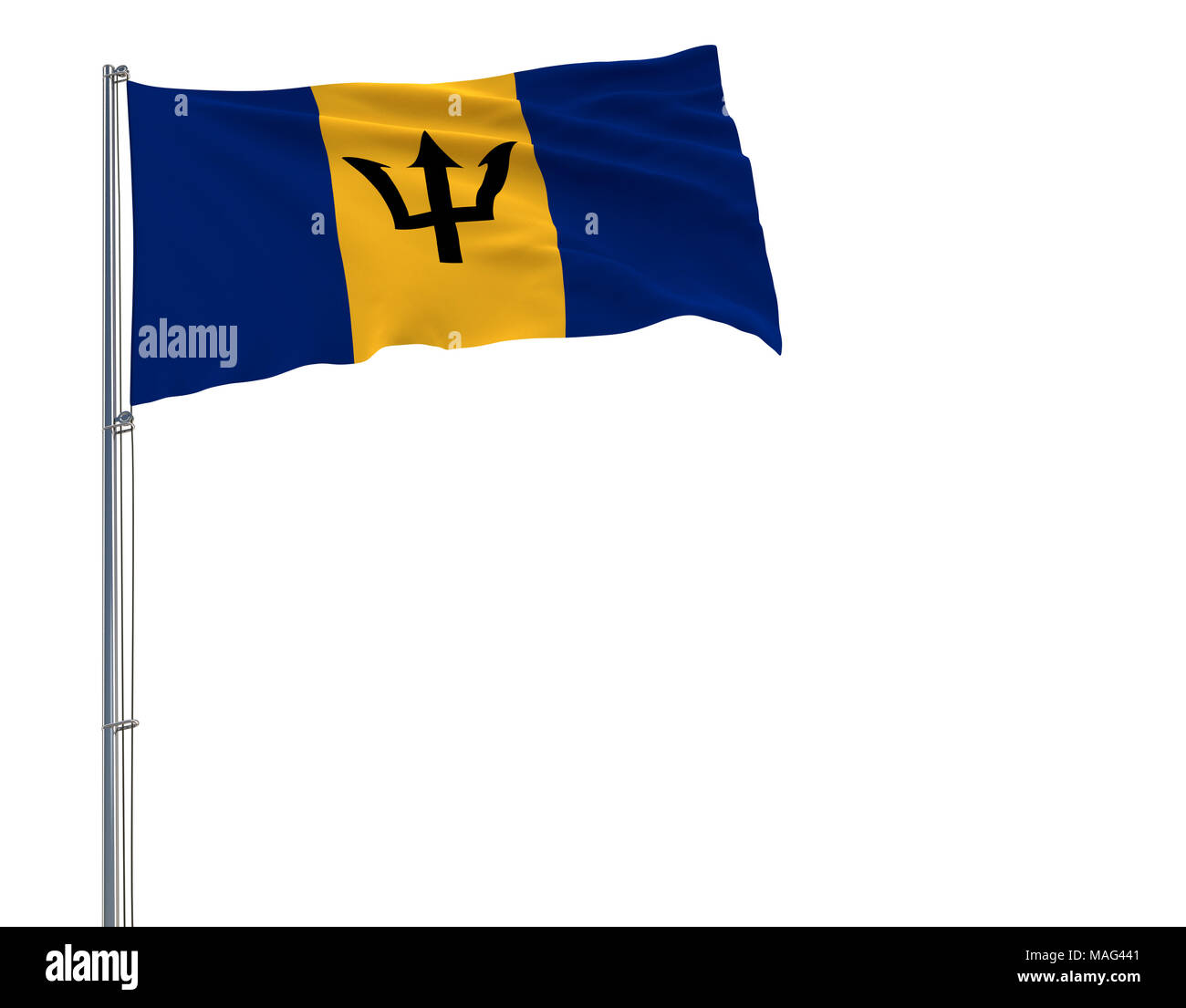 Aislar la bandera de Barbados en una bandera ondeando en el viento sobre un fondo blanco, 3D rendering Foto de stock