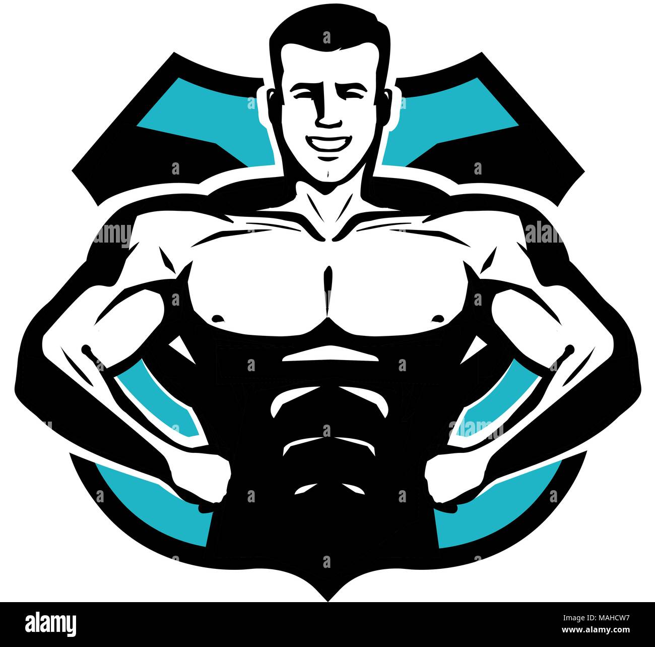 Gimnasio, culturismo, deporte logotipo o etiqueta. Culturista feliz con cuerpo musculoso. Ilustración vectorial Ilustración del Vector