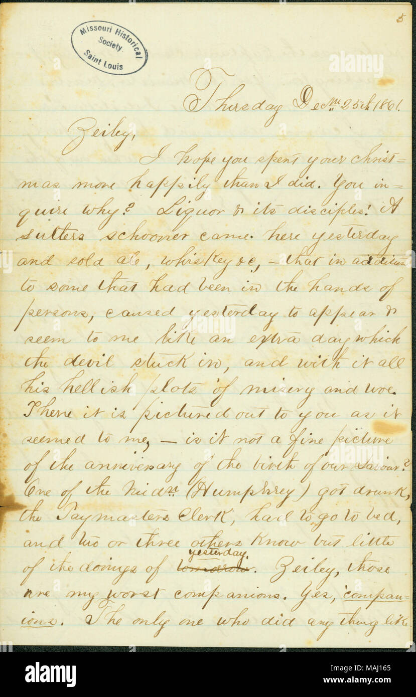 Se queja de los marineros a bordo de un vapor de la Marina de EE.UU. celebra la Navidad por emborracharse. Menciona William T. Sampson fue nombrado segundo en el mando de la máquina de vapor de agua, Brujas y da una breve reseña de un acoplamiento de Huntsville con un vaporizador rebelde fuera de bahía de Mobile, Alabama. Título: carta sin firmar fragmento de un marinero Zeiley Marina de los EE.UU., 25 de diciembre de 1861 . 25 de diciembre de 1861. Foto de stock