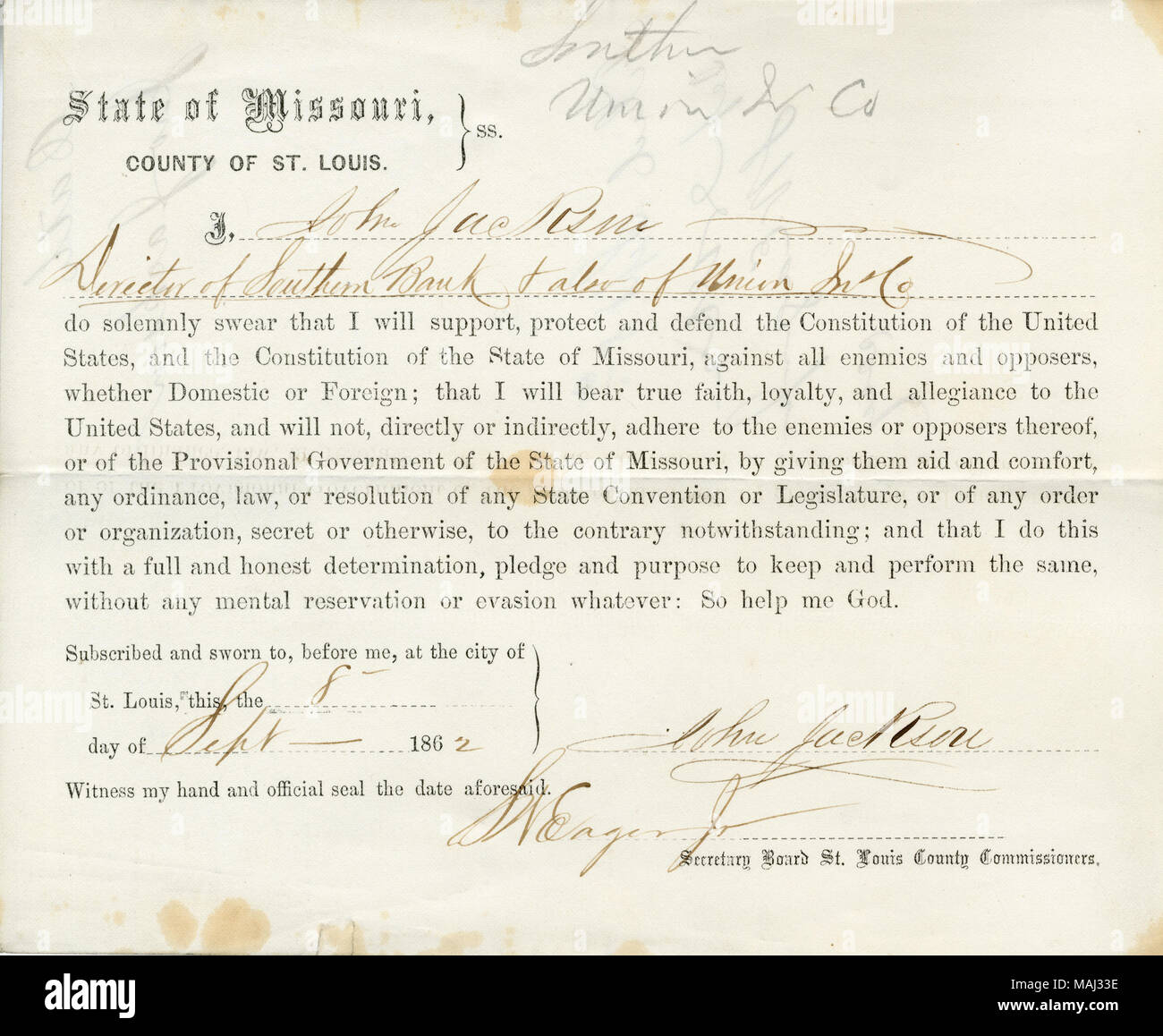 Jura juramento de lealtad al Gobierno de los Estados Unidos y en el estado de Missouri. Título: juramento de lealtad de John Jackson de Missouri, en el condado de St. Louis . 8 de septiembre de 1862. Jackson, John Foto de stock
