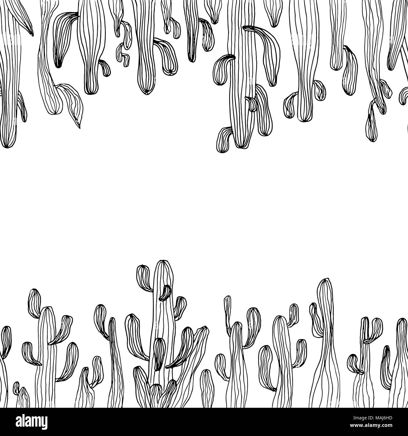 Ilustración vectorial de perfecta frontera de cactus saguaro cactus. Boceto de fondo de cactus. Página de libro para colorear de bastidor anti estrés Ilustración del Vector