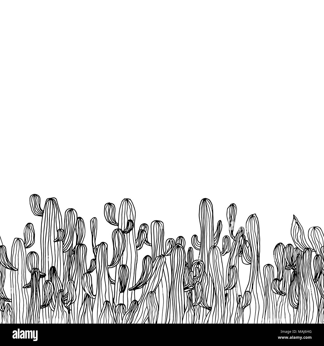 Vector seamless frontera de cactus saguaro cactus. Boceto de fondo de cactus. Página de libro para colorear de bastidor anti estrés Ilustración del Vector