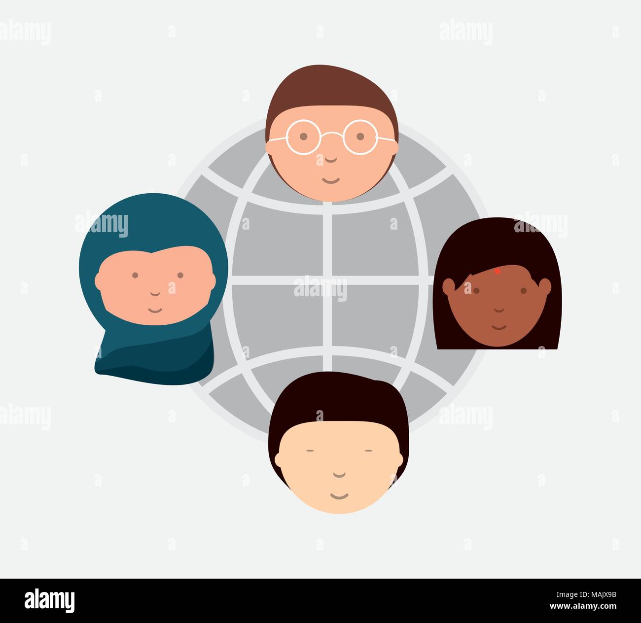 Dibujos animados rostros de personas de diferentes culturas y Red global  Esfera sobre fondo blanco, ilustración vectorial diseño colorista Imagen  Vector de stock - Alamy