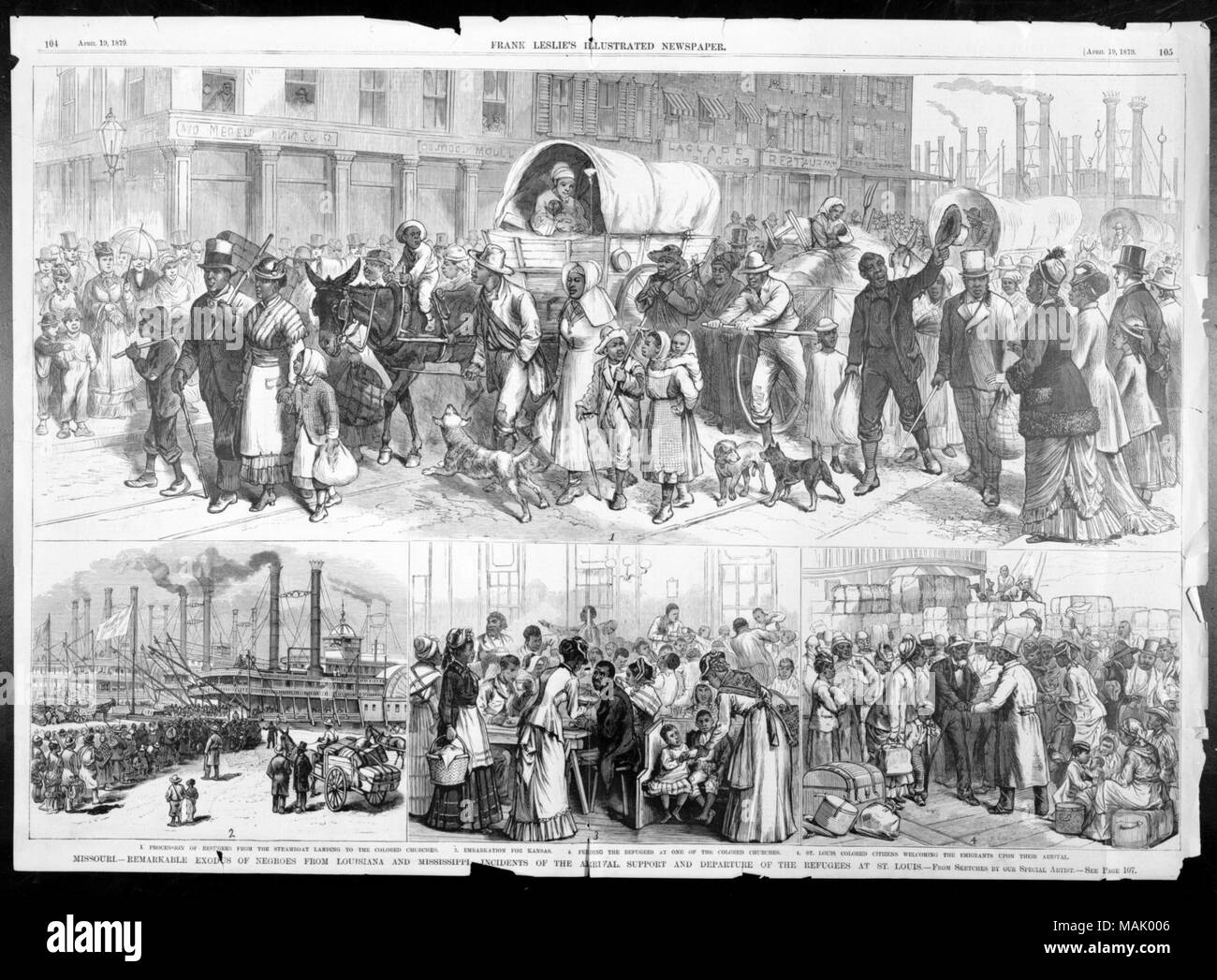 Título: 'Missouri--notable éxodo de los negros de Louisiana y Mississippi--los incidentes de la llegada. El apoyo y la salida de los refugiados de St. Louis." . 1879. Foto de stock