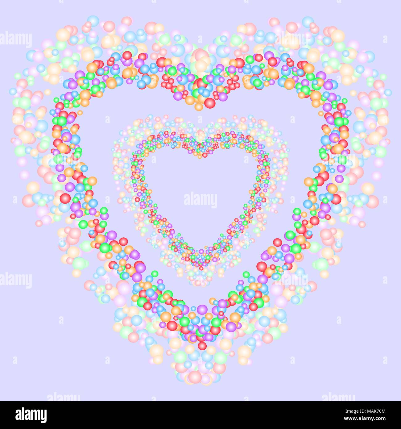 Forma corazón patrón formado por burbujas de colores en diversos tamaños sobre fondo gris azulado. Ilustración vectorial. Ilustración del Vector