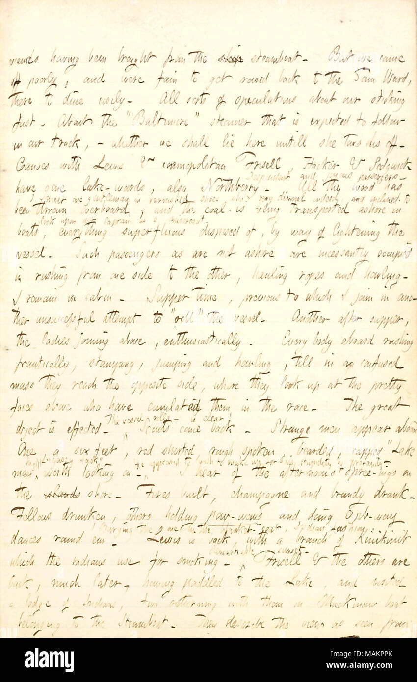 Describe Recibiendo finalmente el steamboat Sam Ward empantanada desde una barra de arena en el río Fond du Lac. Transcripción: viands habiendo sido traído desde el barco de Steamboat. Pero nos salió mal, y fueron fain para obtener remé nuevamente a la Sam Ward, para cenar con facilidad. Todo tipo de especulaciones sobre nuestra rápida pegada. Acerca de la ?ǣBaltimore ? El vaporizador que se espera que siga en nuestra vía, ? Si vamos a mentir aquí hasta que ella se remolca fuera de nosotros. Canoas con Lewis & cosmopolita Frisell, Hacker & Sedgwick han ido lago Northberry pabellones, también. Desanimada y alegre de los pasajeros. Toda la madera ha sido lanzados Foto de stock