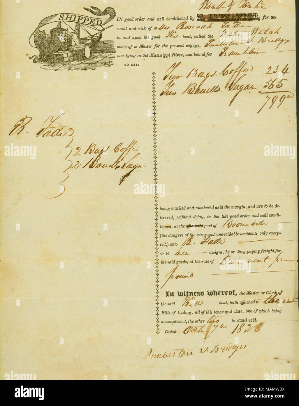 Título: conocimiento de embarque para la quilla de barco 'Agua' Bruja enlazado para Franklin, Missouri, firmada por S. Pemberton puentes, 7 de octubre de 1826 . 7 de octubre de 1826. Foto de stock