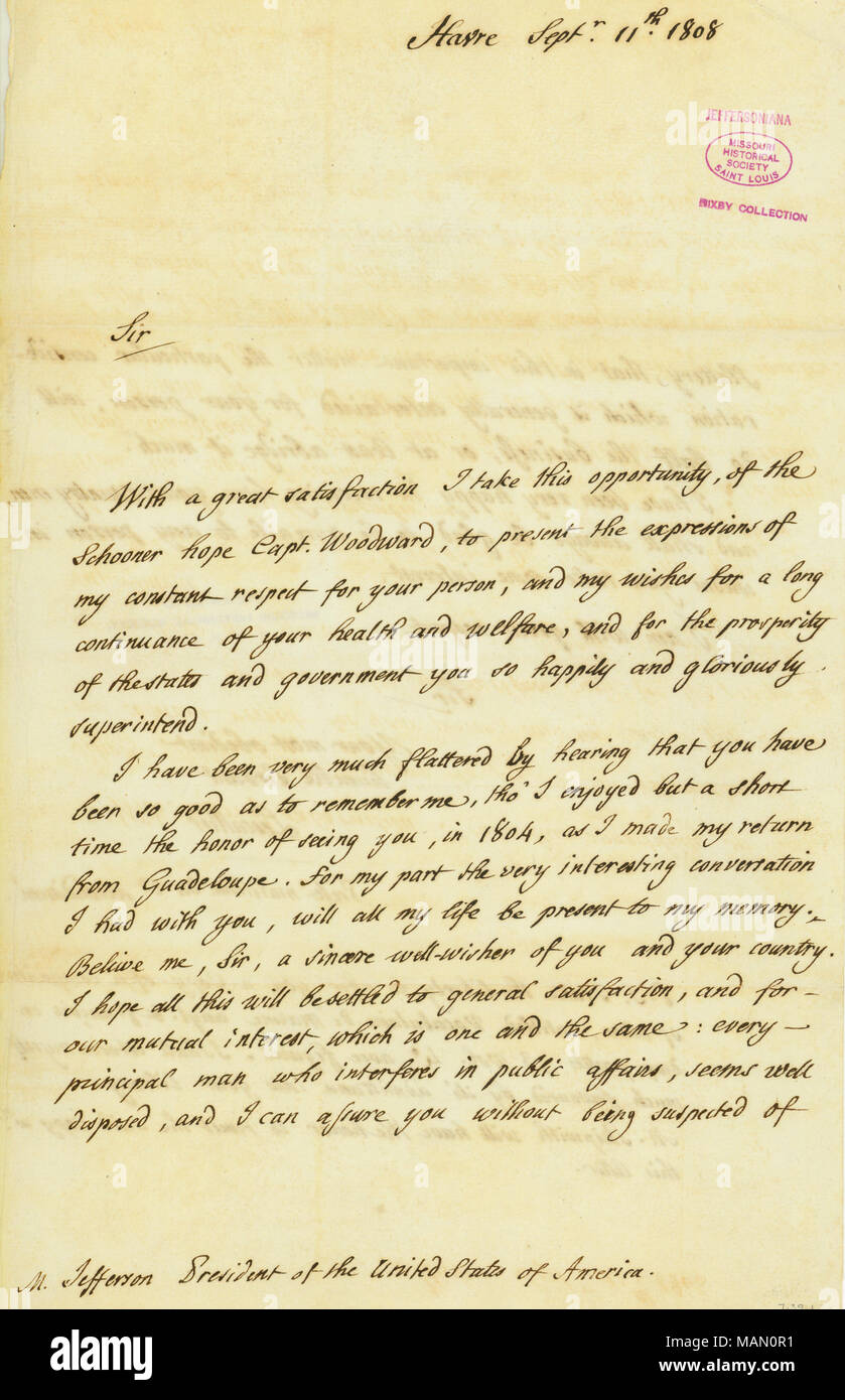 Expresa su admiración y recuerda una conversación que tuvo con Jefferson en 1804 después Lescallier regresó de Guadalupe. Jefferson ofrece su composición, "Vocabulaire de Marine Anglaise et Francaise en Deux partes." Título: Carta firmada Lescallier, Havre, a Thomas Jefferson, 11 de septiembre de 1808 . El 11 de septiembre de 1808. Lescallier, Daniel Foto de stock