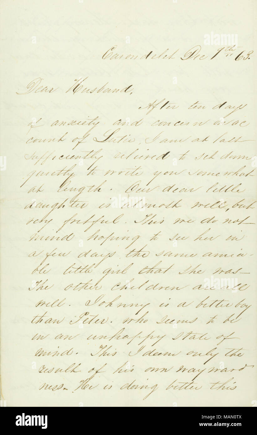 Explica Lutie, Peter, Johnny, y otros conocidos. Describe Susie asistir a partidos nupcial, su vestuario, coqueteos, y planes de viaje. Título: Carta firmada minerva minerva [Blow], Carondelet, Henry T. soplar, 9 de diciembre de 1863 . 9 de diciembre de 1863. Soplar, Minerva Grimsley Foto de stock