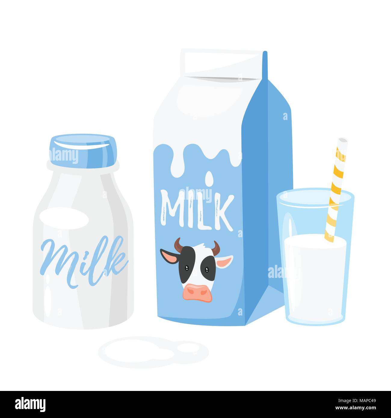 Estilo de dibujos animados de vectores ilustración de productos lácteos:  leche de embalaje y un vaso de leche sobre fondo blanco. Icono para la web  Imagen Vector de stock - Alamy