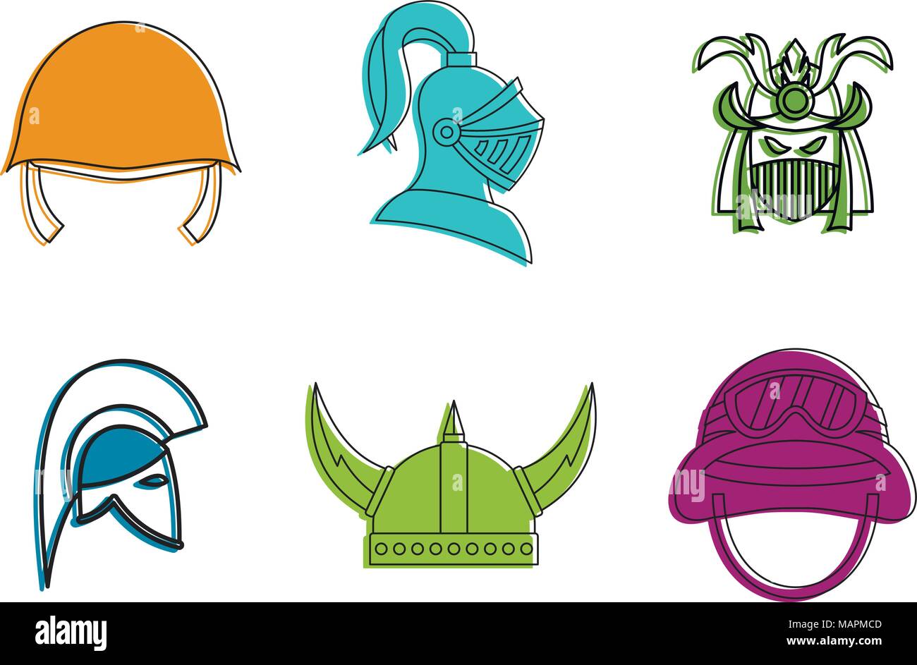 Casco de guerra, conjunto de iconos de estilo de esquema de color Imagen Vector de stock Alamy Casco de guerra, conjunto de iconos de estilo de esquema de color Imagen Vector de stock Alamy