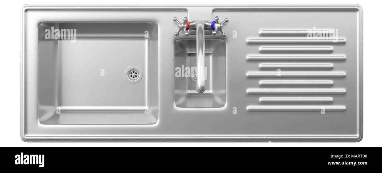 Fregadero de acero inoxidable y grifo de agua aislado sobre fondo blanco, vista  superior. Ilustración 3d Fotografía de stock - Alamy