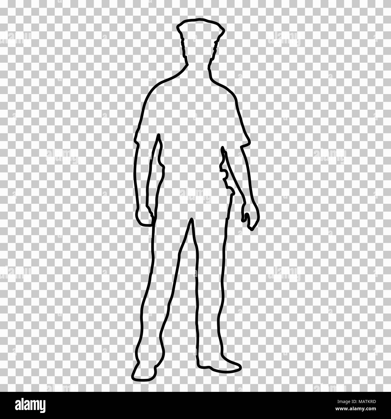 Esquema de la policía figura hombre de pie frontal, contour retrato masculino de longitud completa de la cop sobre fondo transparente, vector silueta humana en un uniforme de policía, en blanco y negro, dibujo lineal, galería Ilustración del Vector