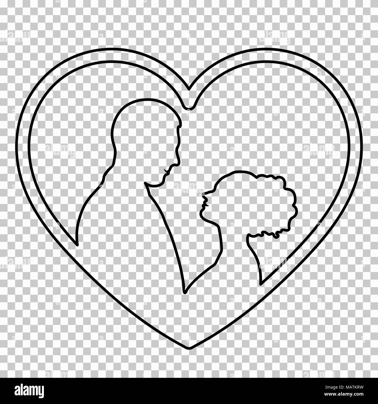 Figura esquema par en amor sobre fondo transparente, blanco y negro vectorial dibujo, galería de símbolos. Retrato de contorno hombres y mujeres amorously mirarse en el bastidor en forma de corazón Ilustración del Vector