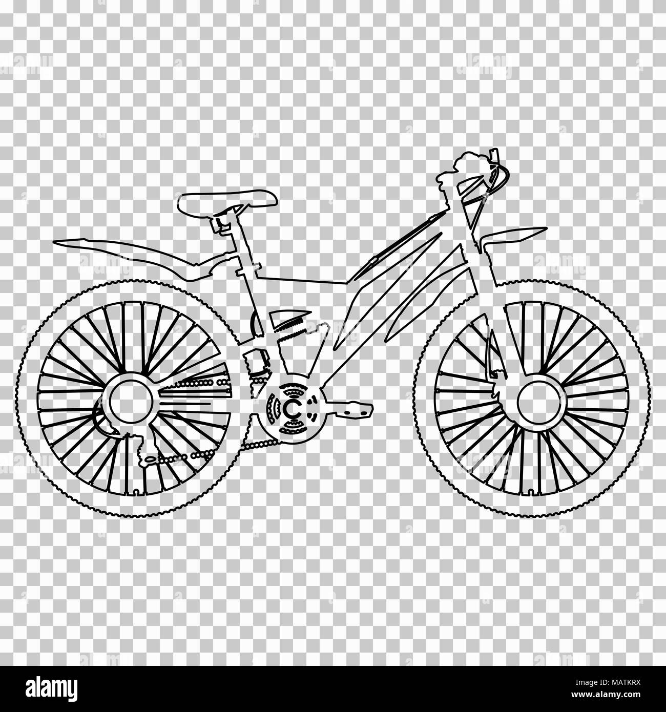 Figura esquema bicicleta media cara sobre fondo transparente, blanco y negro de contorno vectorial dibujo lineal, galería, imagen monocroma, bike sketch, silueta coloring book Ilustración del Vector