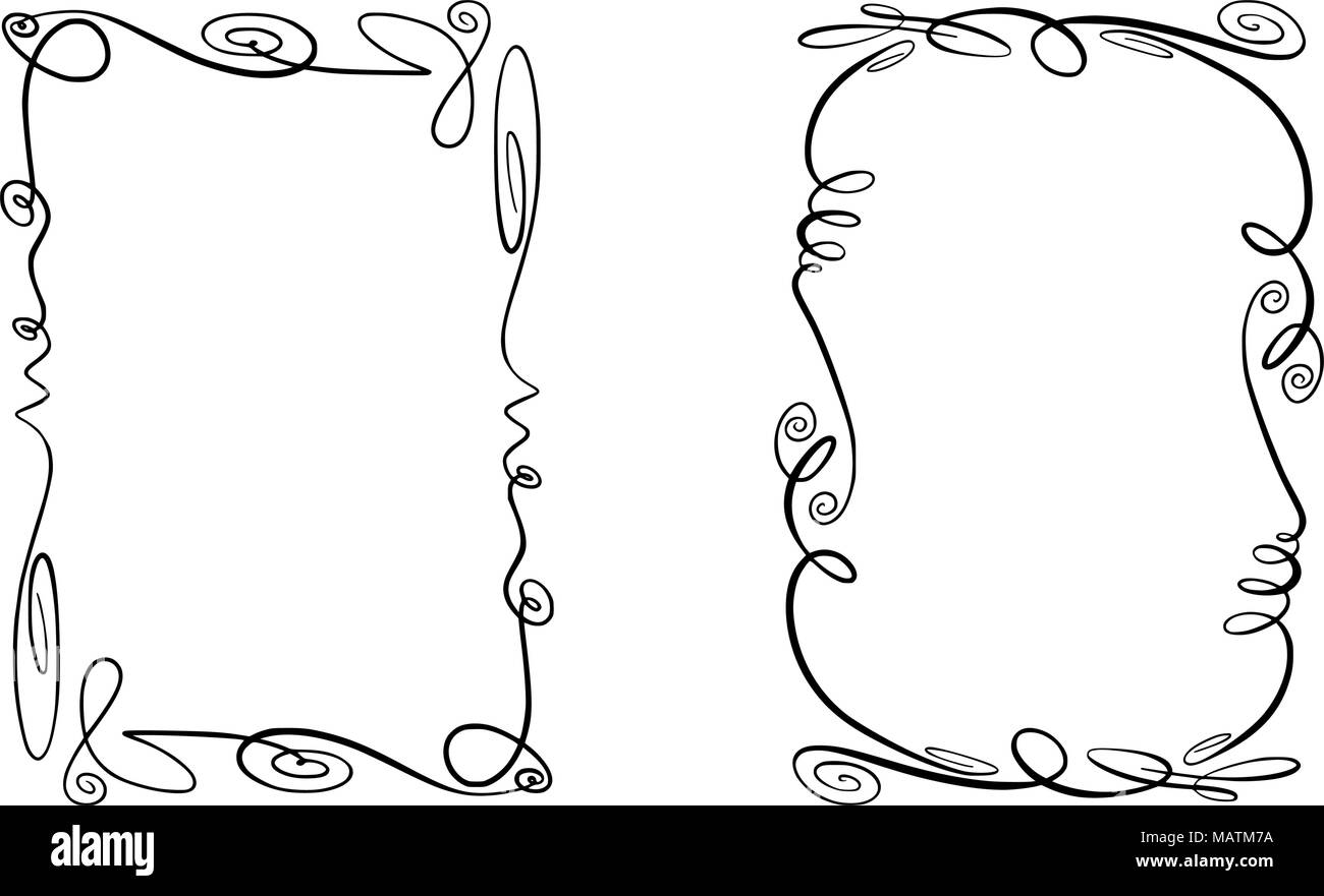 Conjunto de tramas vectoriales floreciendo. Colección de rectángulos con  curvas, giros y adornos para elementos de texto y de imagen. Destacando las  fronteras dibujadas a mano negro aislado en el fondo blanco.