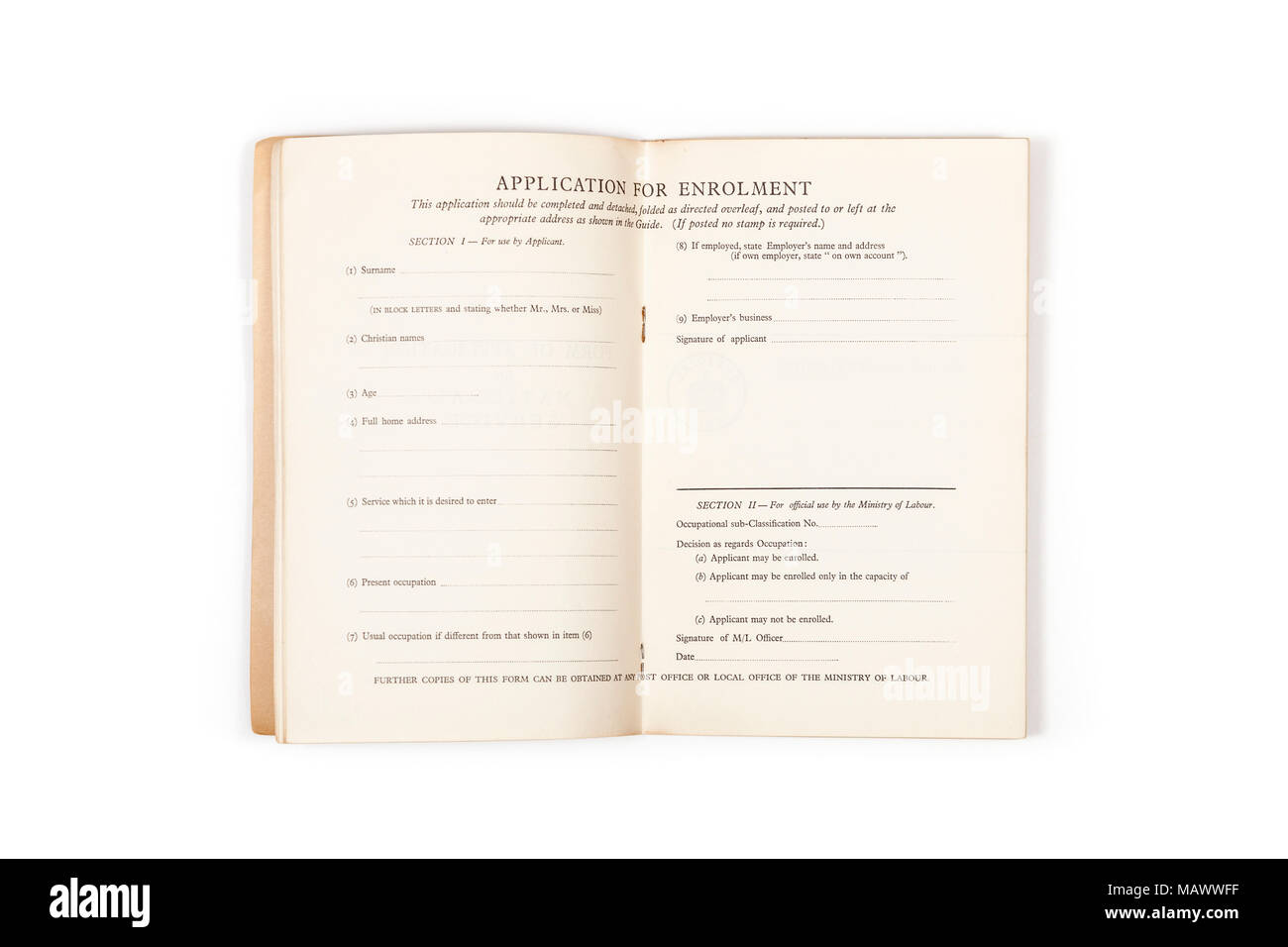 Servicio Nacional Británico formulario de solicitud de inscripción desde 1939 Foto de stock