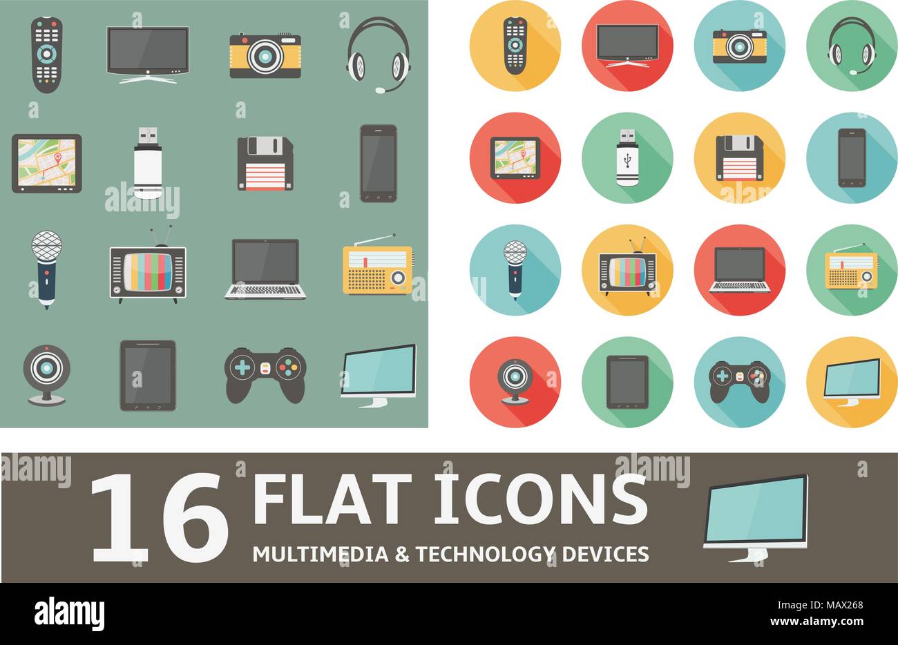 16 iconos plana multimedia y dispositivos de tecnología Ilustración del Vector