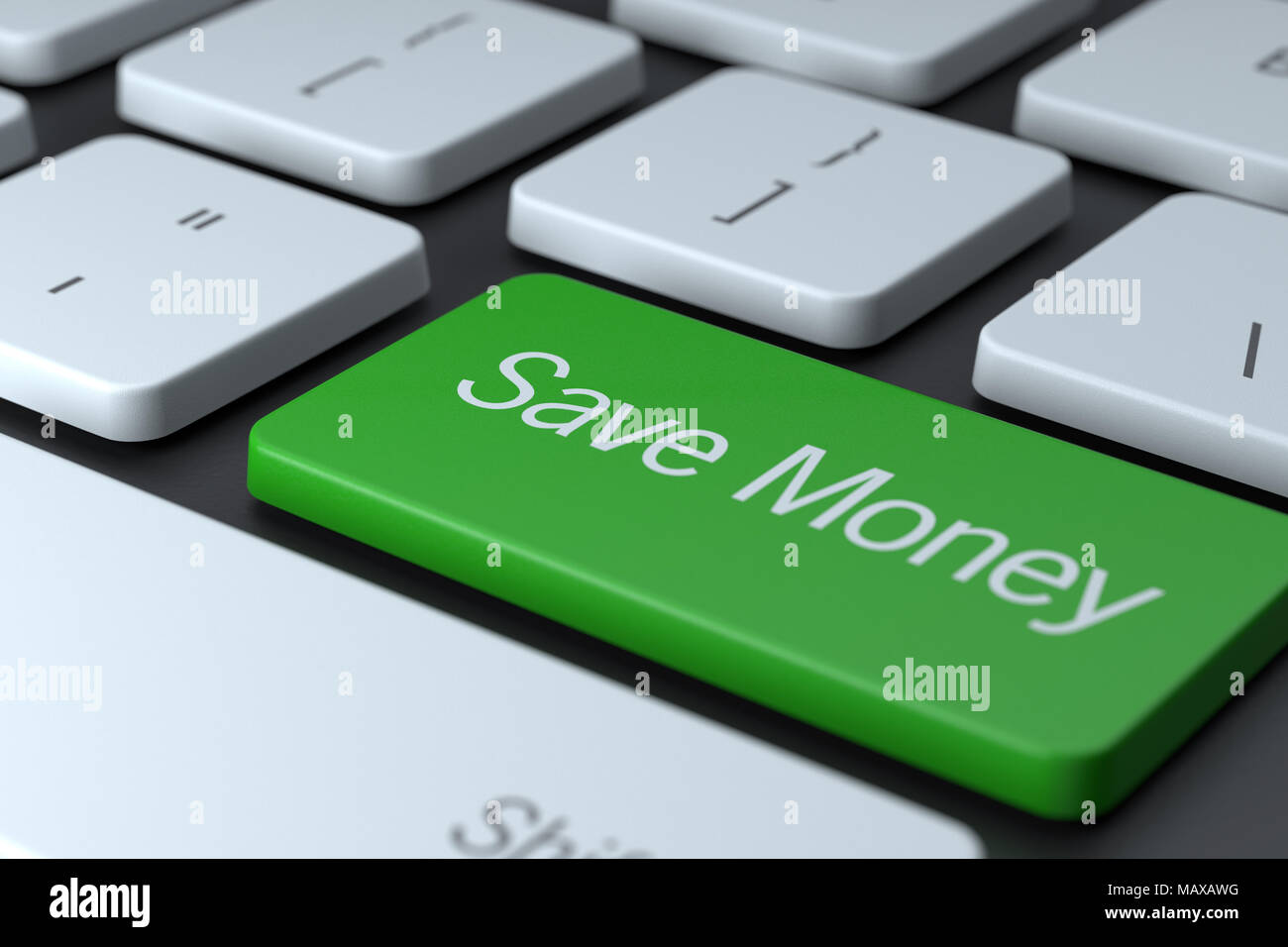 Primer plano de teclado de ordenador con el botón verde de ahorrar dinero. Concepto ilustra el ahorro de dinero en línea, comprar en línea, o guardar el dinero en el internet. Foto de stock