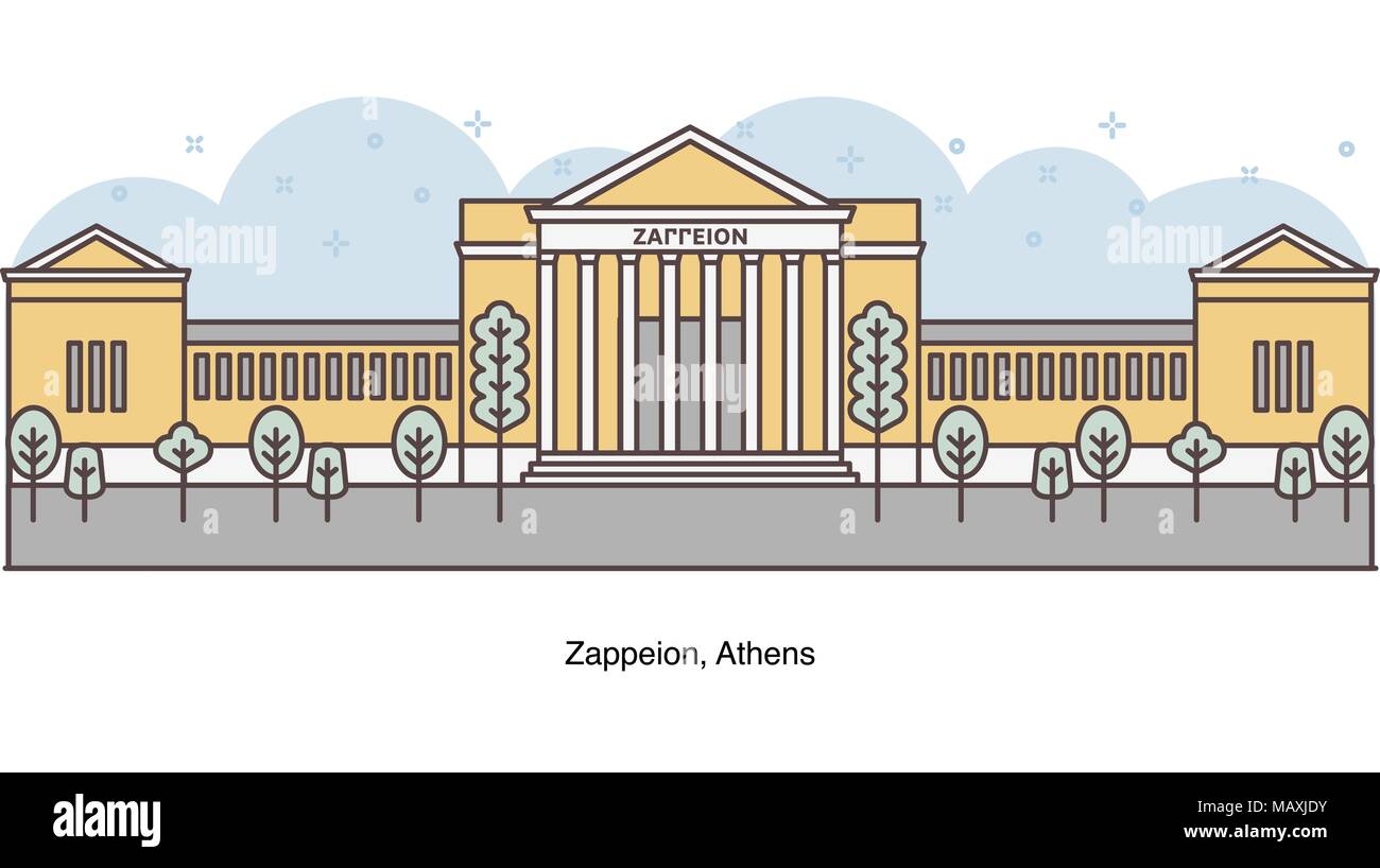 Línea Vector ilustración de Zappeion (Jardines Nacionales de Atenas), Atenas, Grecia. Ilustración del Vector
