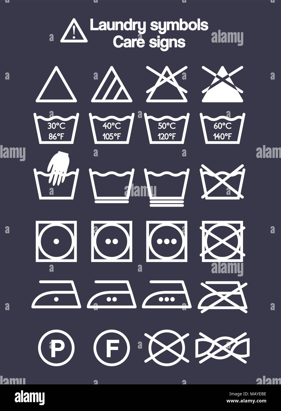 Escandaloso acento castillo Símbolos de lavado, lavado y cuidado los carteles y etiquetas para ropa  Imagen Vector de stock - Alamy
