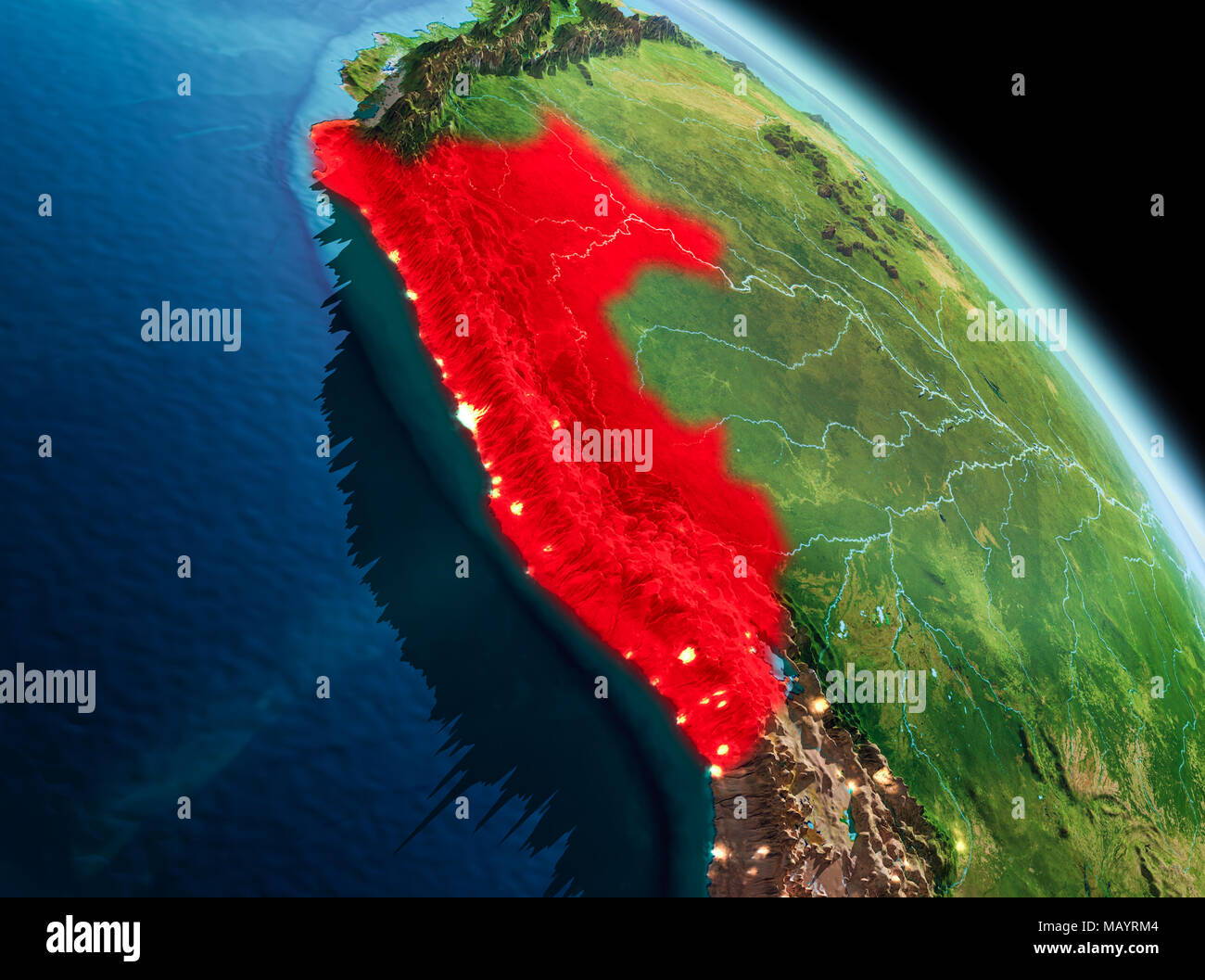 Por la mañana vista satelital de Perú resaltada en rojo en el planeta  Tierra. Ilustración 3D. Los elementos de esta imagen proporcionada por la  NASA Fotografía de stock - Alamy