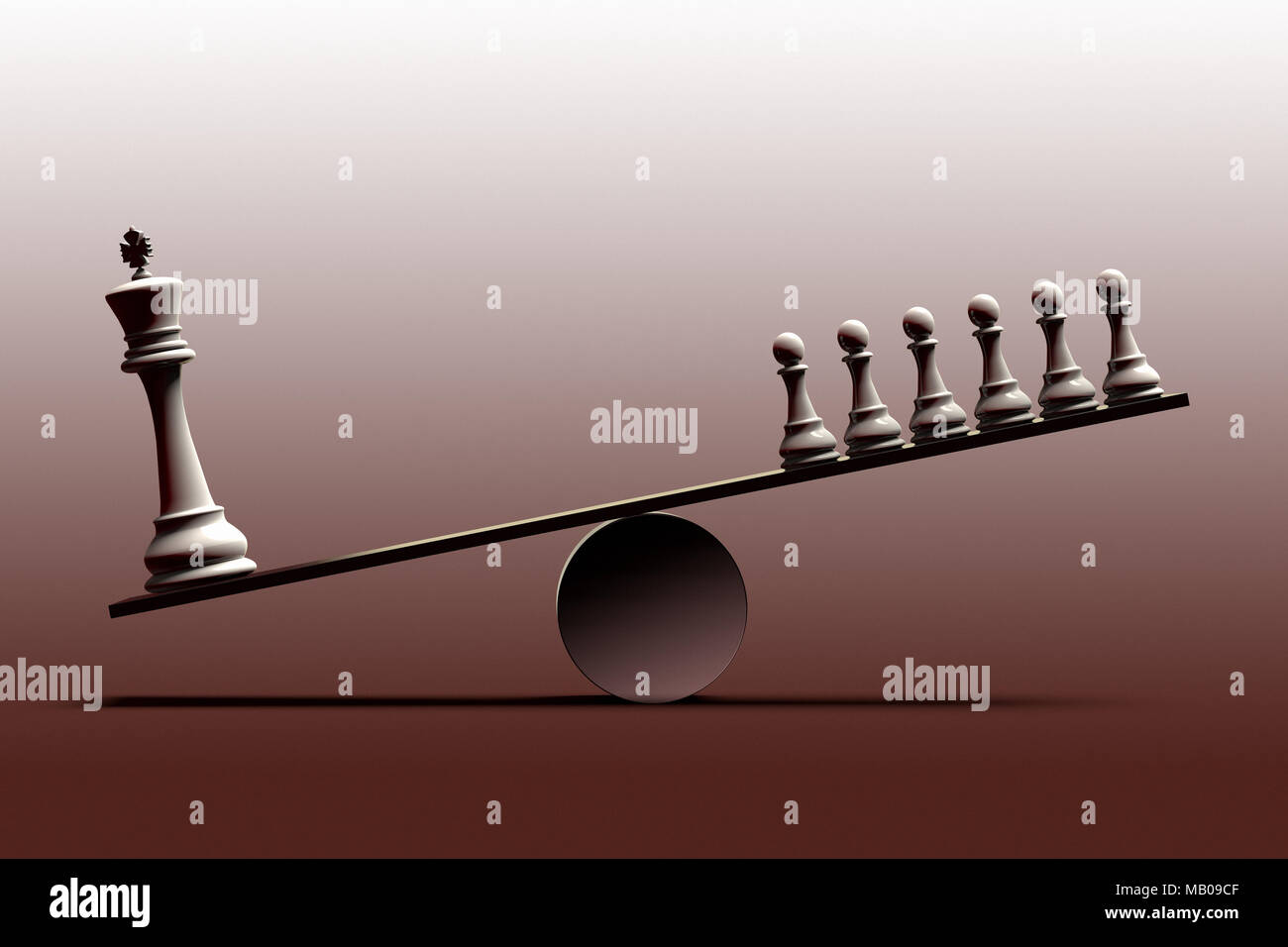 Representación 3D de una representación onceptual de desigualdad social y el desequilibrio entre las clases sociales representadas con piezas de ajedrez Foto de stock