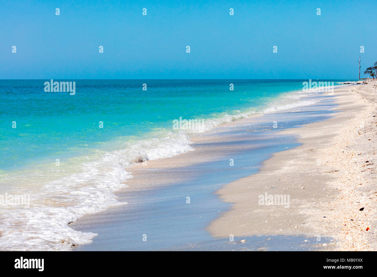 Costa de Sanibel Island, la playa, la arena, las olas, el horizonte, el cielo azul, Florida, EE.UU. Foto de stock