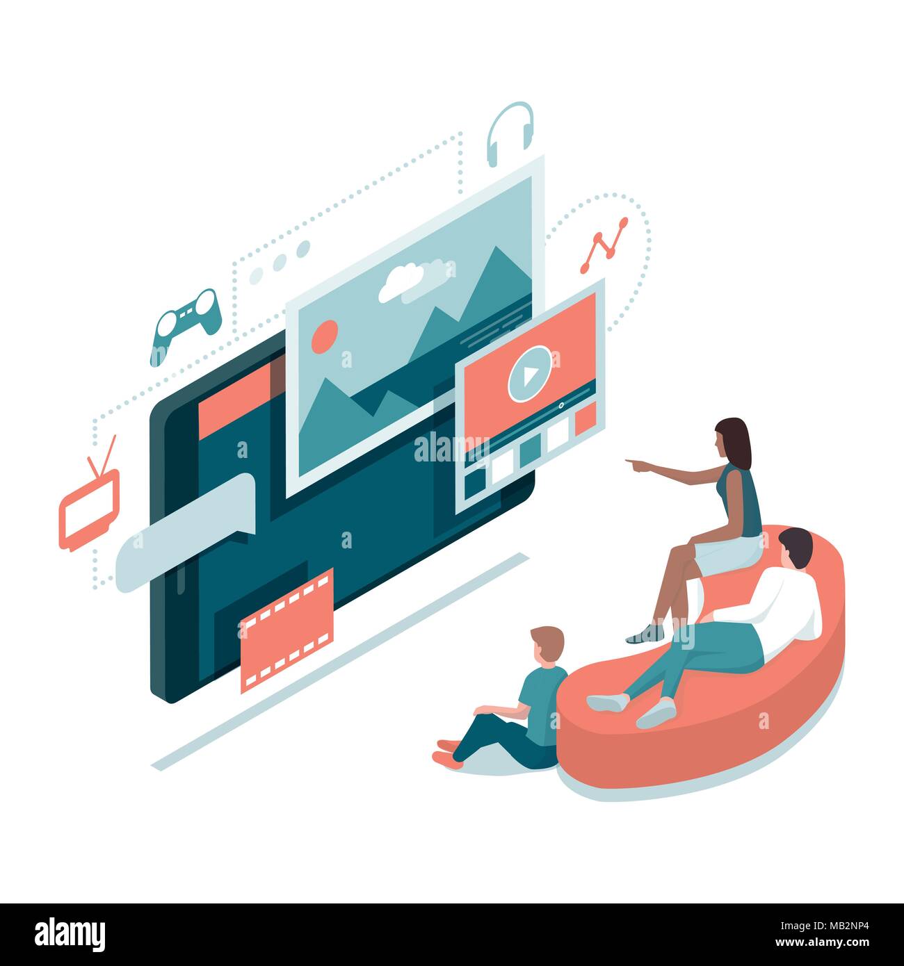 Familia Feliz, ver películas y jugar juntos online: home entertainment, smart tv y el concepto de tecnología Ilustración del Vector