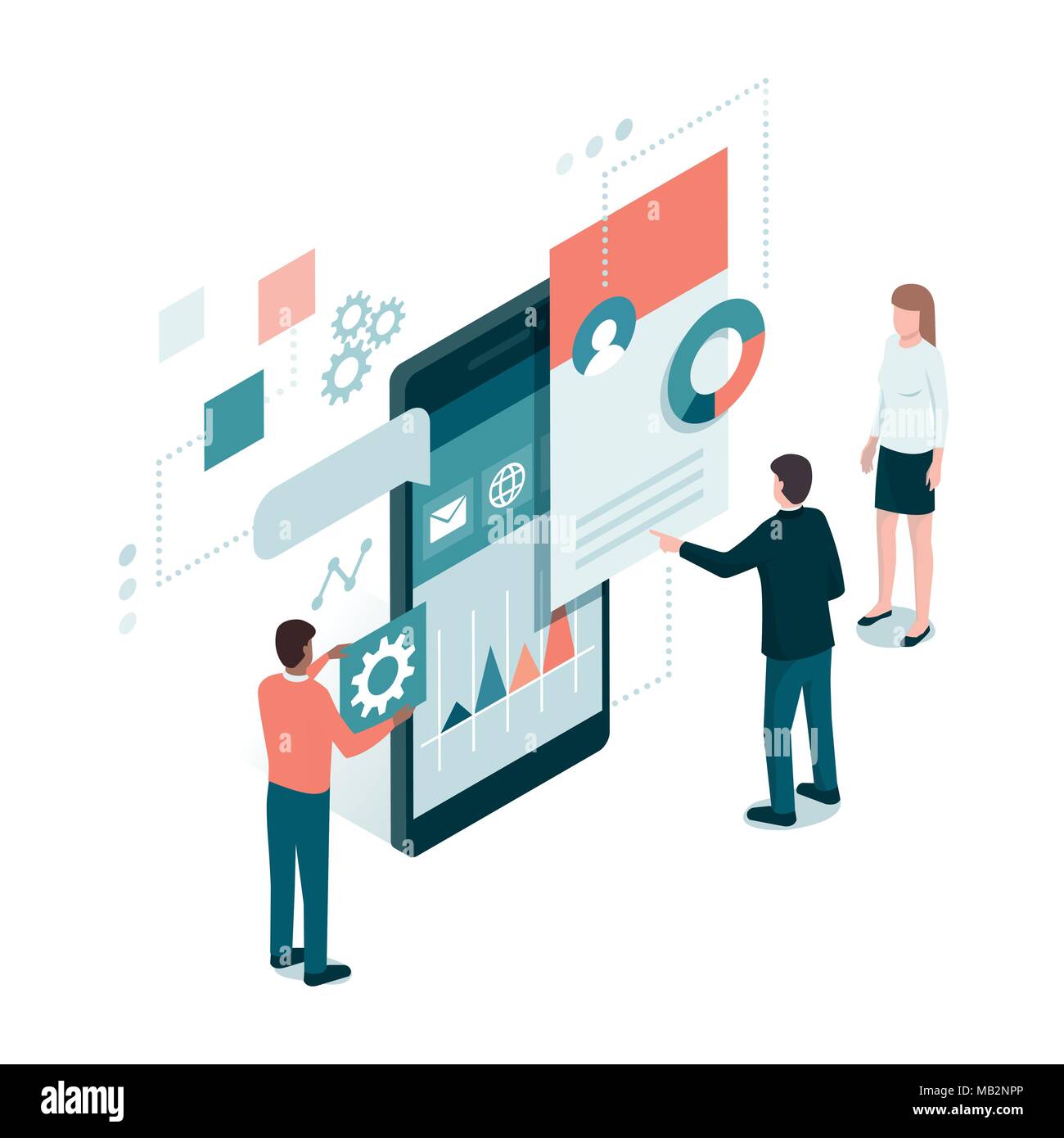 Los desarrolladores que crean aplicaciones móviles y trabajan juntos en una interfaz de usuario, la comunicación y el concepto de tecnología Ilustración del Vector