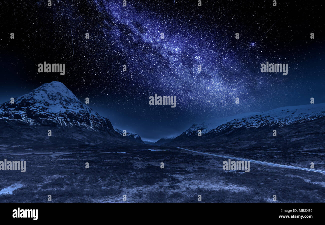 Highlands en la noche con Milky Way, Escocia Foto de stock