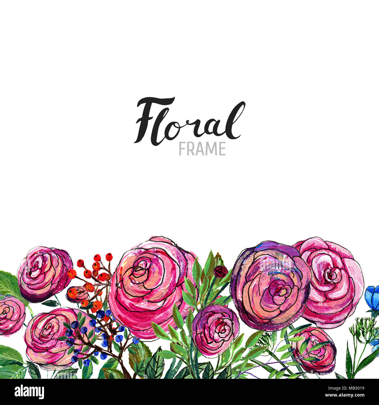 Acuarela Fondo Floral Borde De Flores Pintados A Mano Bueno Para Invitaciones Y Tarjetas De Felicitacion Girasoles Rosas Bayas Y Flores De Color Azul Fotografia De Stock Alamy