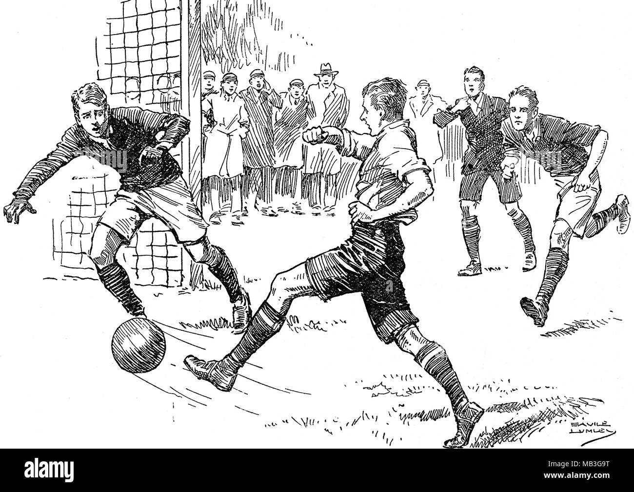 Dibujo de un partido de fútbol inglés ficticio con el jugador marcó un gol Foto de stock
