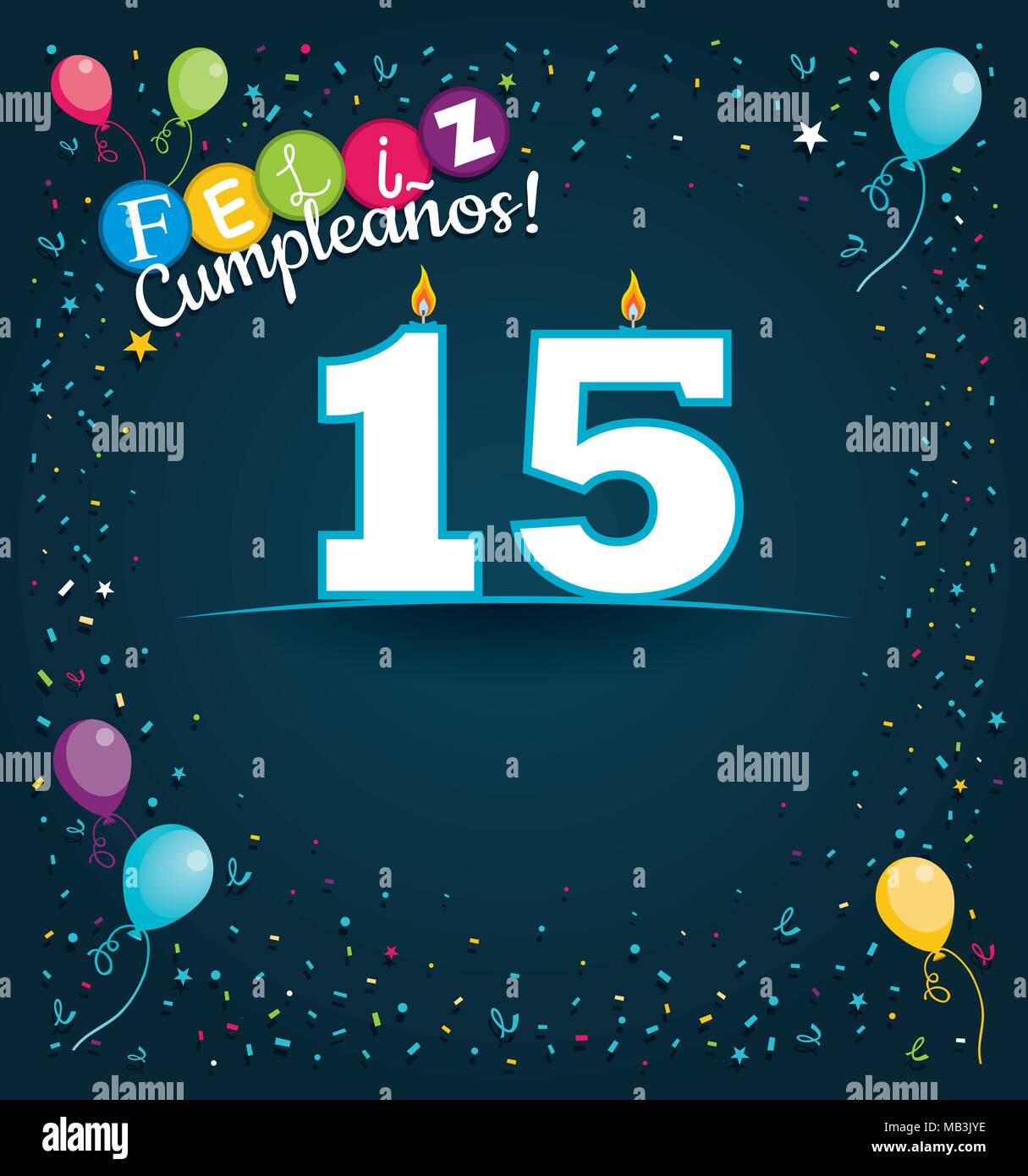 Feliz cumpleaños 15 en español - Tarjeta de felicitación con velas blancas  en forma de número con antecedentes de globos y confeti Imagen Vector de  stock - Alamy