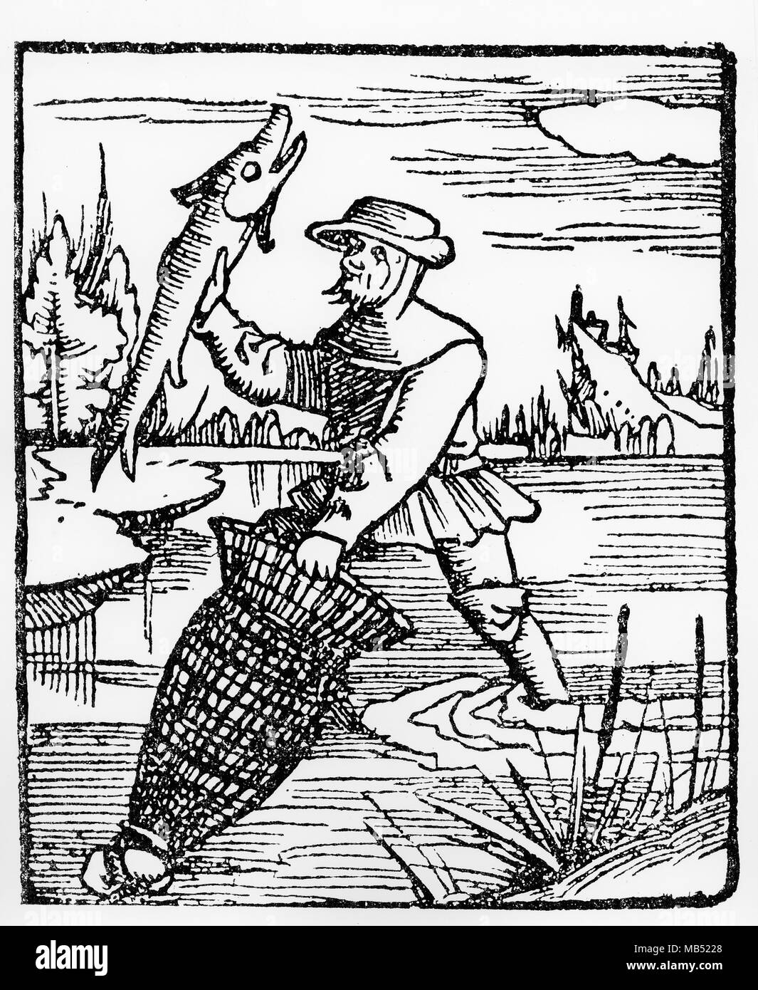 Pescador con su reutilización, xilografía, siglo xvi Foto de stock
