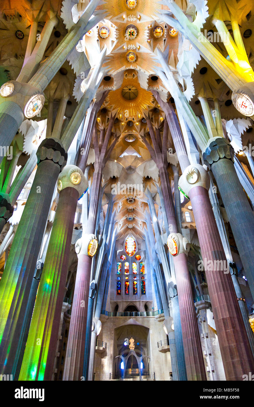 Interior de la Basílica de la Sagrada Familia de Antoni Gaudí en Barcelona, España Foto de stock