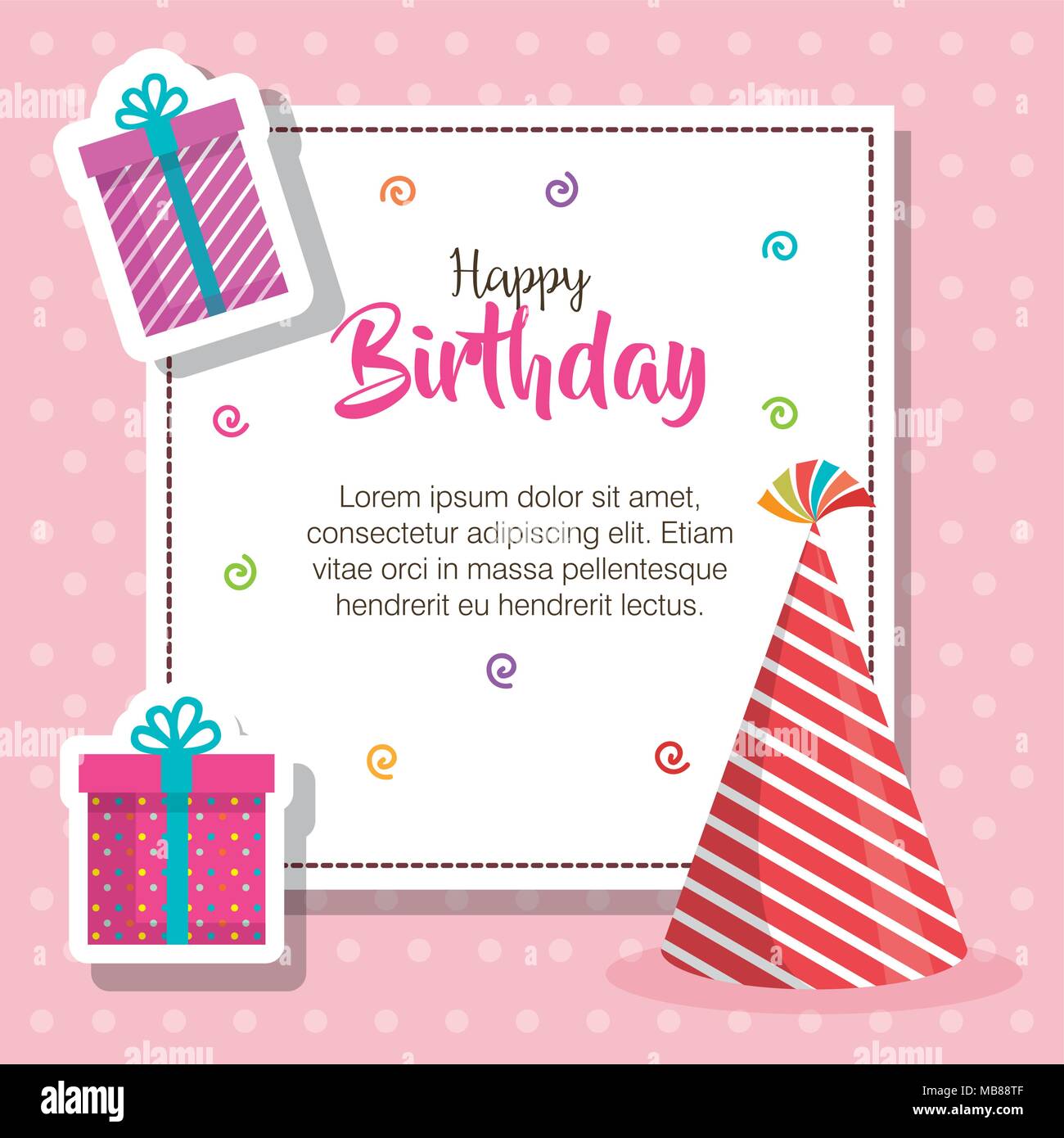 Feliz cumpleaños sombrero y celebración tarjeta regalo Imagen Vector de
