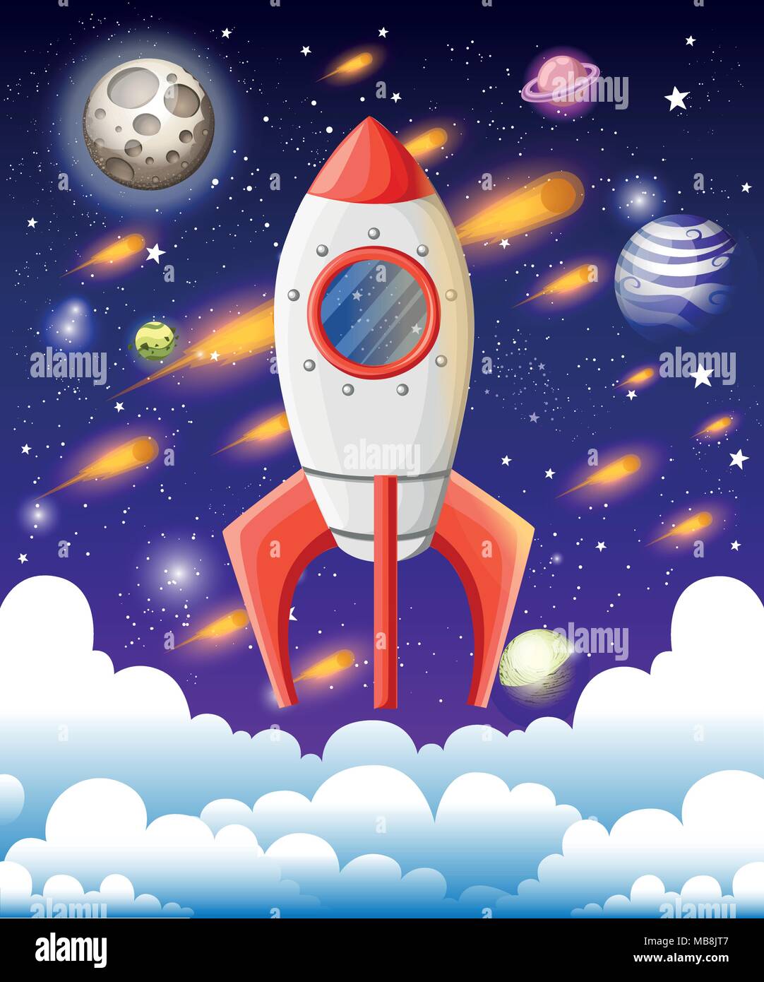 Cohete en el espacio. Nave espacial superior a las nubes. Lluvia de ...