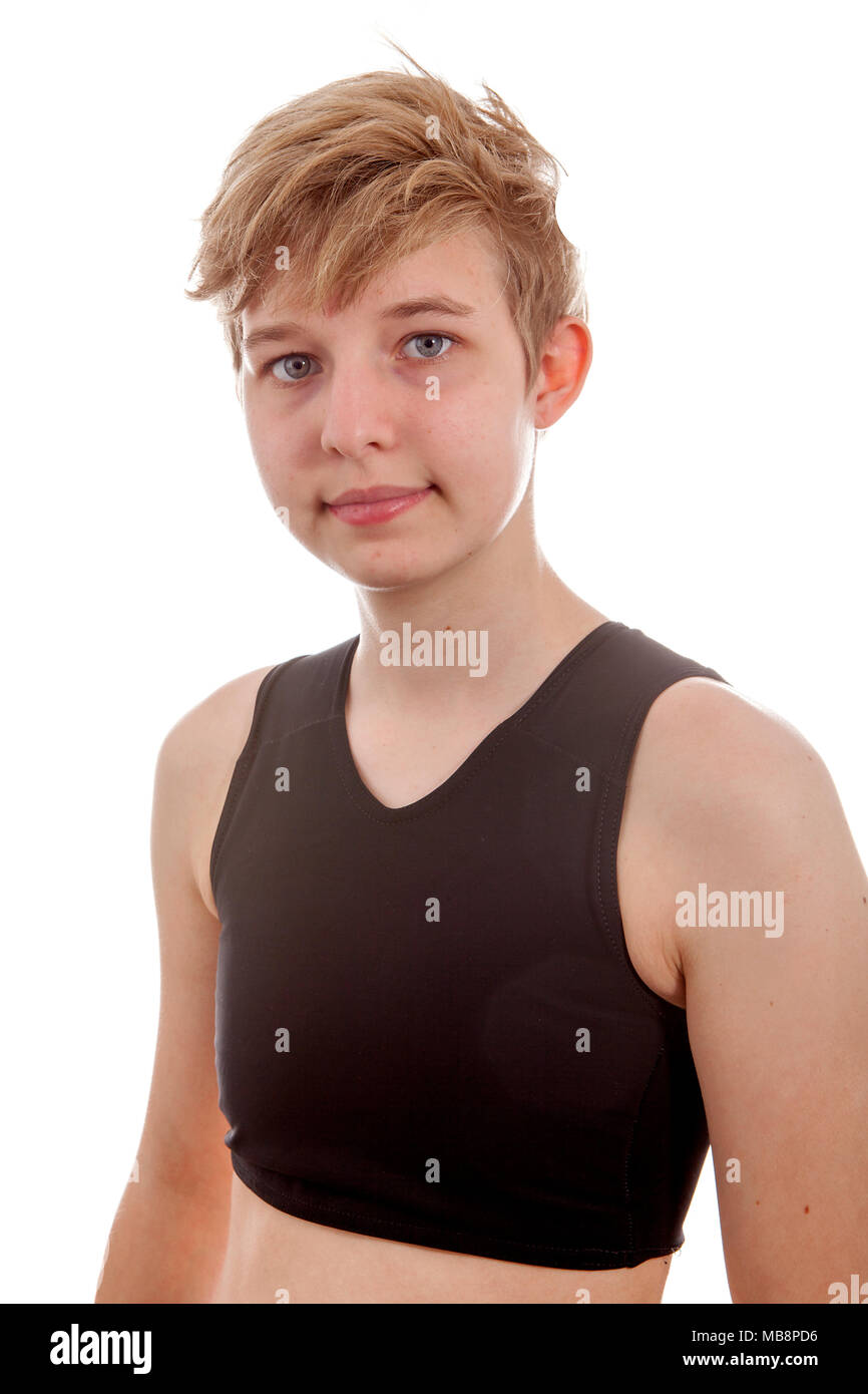 Chico transgénero está mostrando su binder Fotografía de stock Alamy