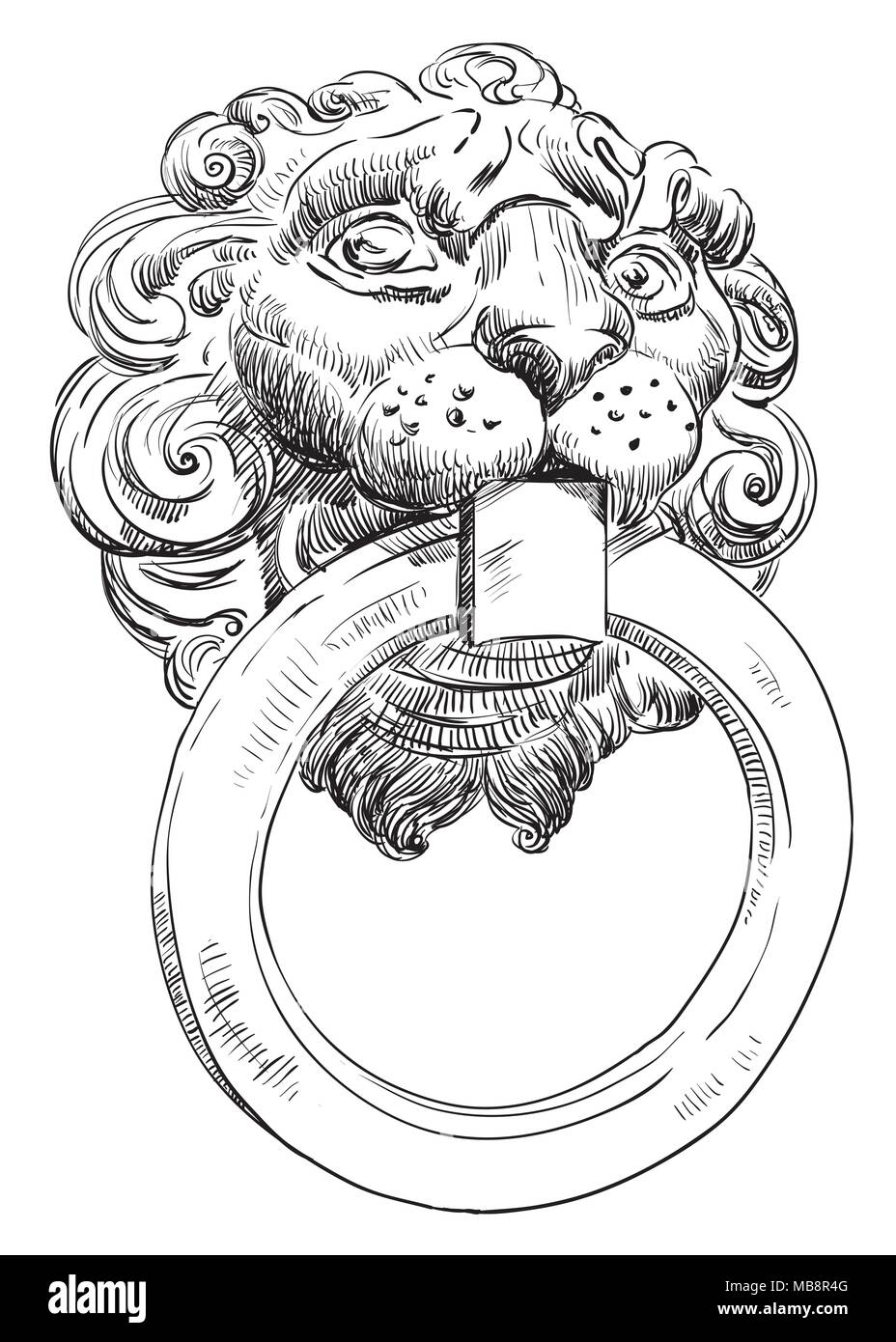 Manija de puerta antigua en la forma de una cabeza de león con un anillo en la boca, la mano de dibujo vectorial ilustración en color negro aislado sobre fondo blanco. Ilustración del Vector