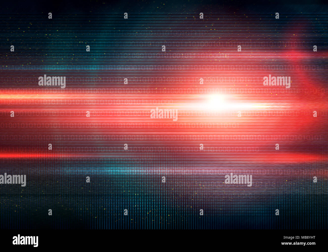 Ilustración de glitched abstracta señal de pantalla de error. Antecedentes conceptuales con código binario y grandes destellos de color rojo claro. Foto de stock