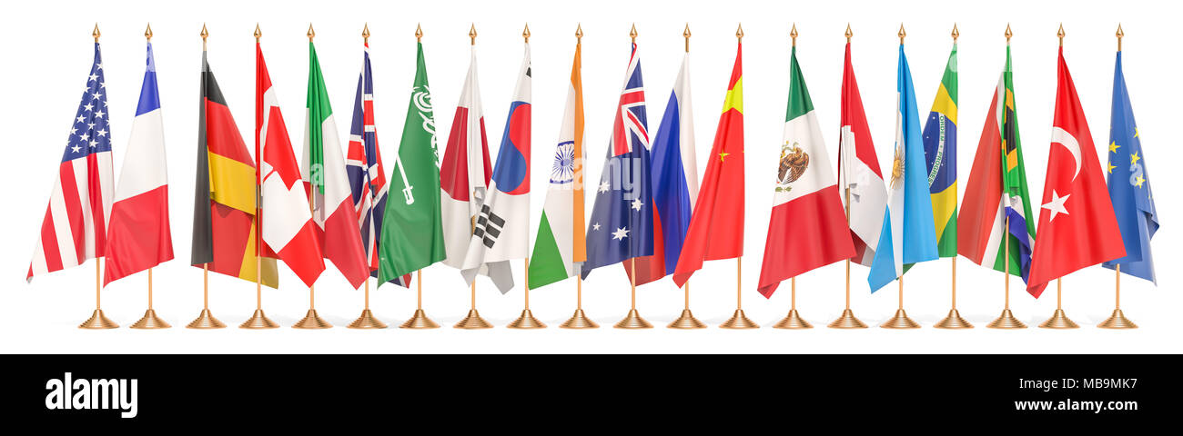 Aliado Descomponer permanecer La reunión del G20 concepto, fila de banderas de todos los países miembros  del G20. 3D rendering aislado sobre fondo blanco Fotografía de stock - Alamy
