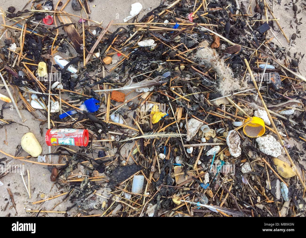 07 de febrero de 2018, Dinamarca, Agger: lavado de residuos de plástico en una playa en el Mar del Norte en la Tu parque nacional. Los científicos estiman que hay más de 100 millones de toneladas de plástico en los océanos. Lentamente se descompone en pequeños fragmentos, que organismos marinos consumir con alimentos. En el océano, plástico dura un tiempo muy largo, a menudo durante varios siglos. Una botella de plástico tarda 450 años en descomponerse por completo. Uso | en todo el mundo Foto de stock