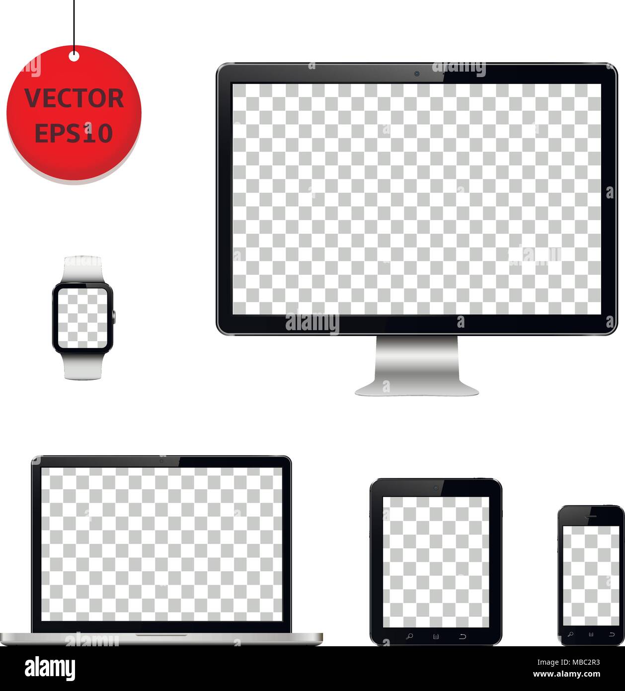 Monitor de ordenador, portátil, tablet pc, teléfono móvil y reloj inteligente con pantalla transparente. Aislado sobre fondo blanco. Ilustración vectorial. Ilustración del Vector