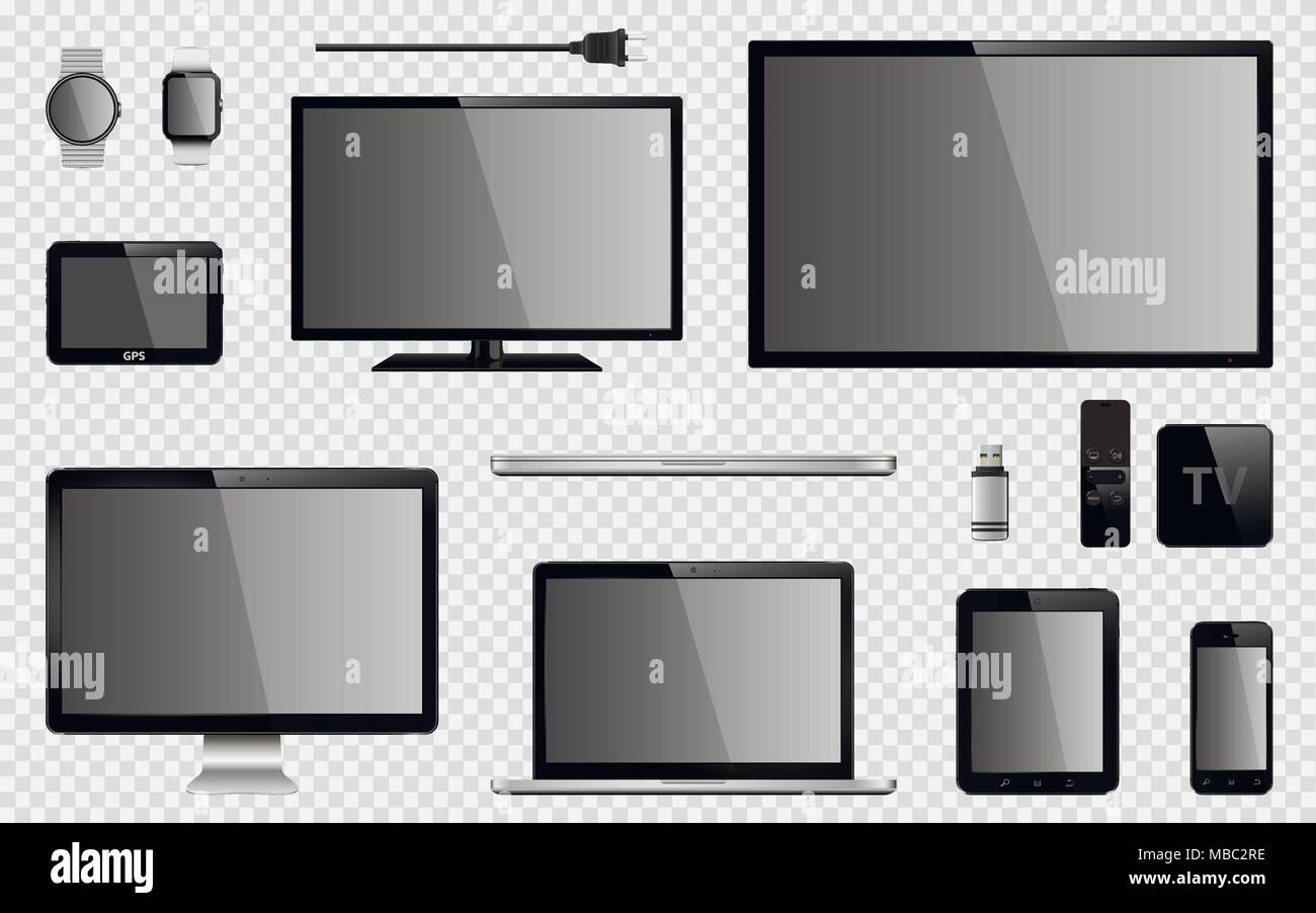 Serie de TV realista, monitor de ordenador, Portátiles, Tablet PC, teléfonos móviles, smart watch, unidad flash USB, TV Box receptor, dispositivo y sistema de navegación GPS. Ilustración del Vector
