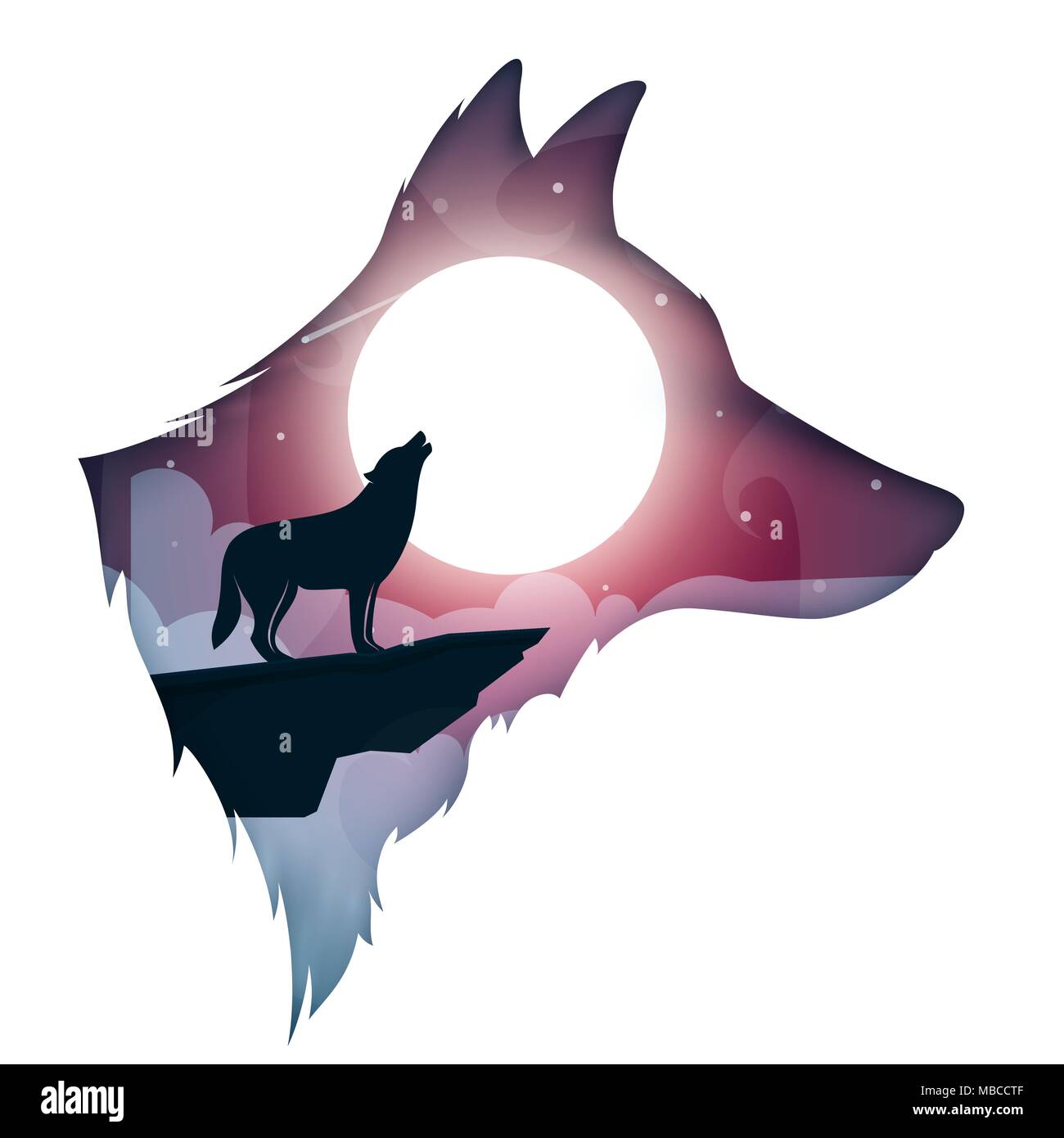 Lobo, perro ilustración. Cartoon paisaje nocturno. Ilustración del Vector
