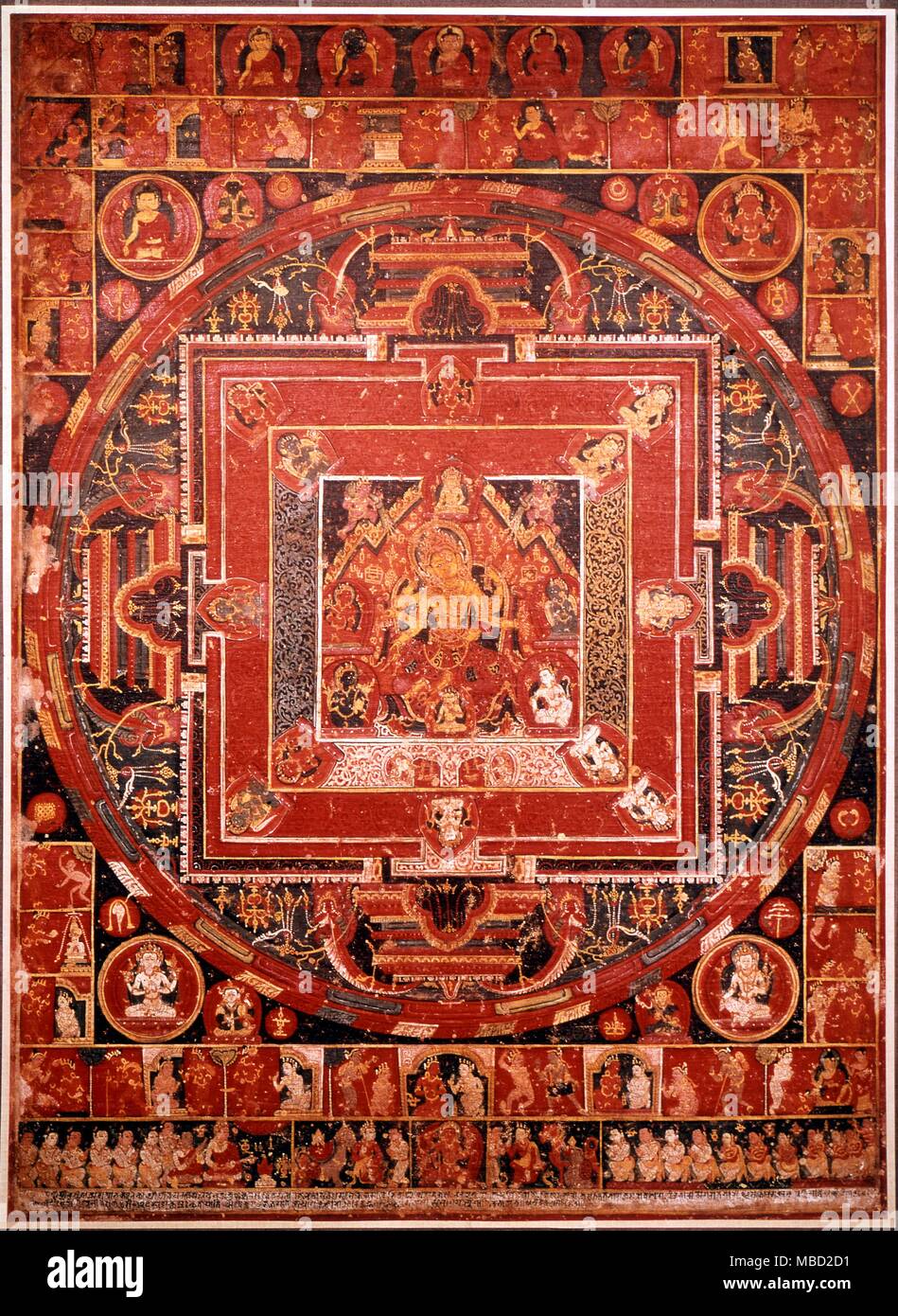 Mandala nepalí de origen tibetano. Tanka describiendo la naturaleza del mundo espiritual. En el Museo Británico. Foto de stock