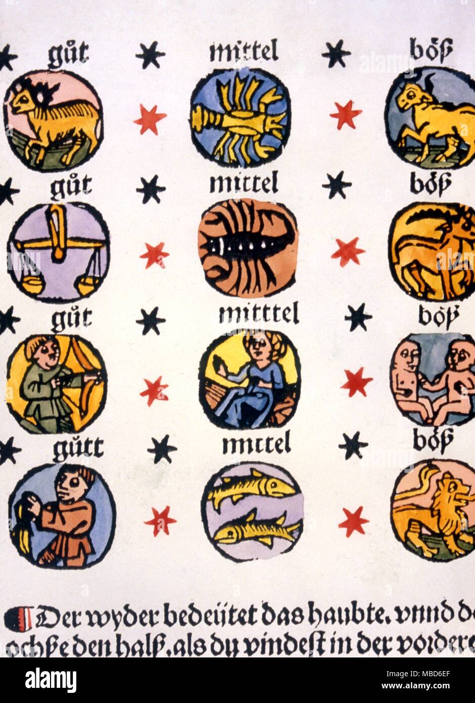 Las imágenes de los doce signos zodiacales, desde un calendario del pastor alemán de circa 1480 . Foto de stock